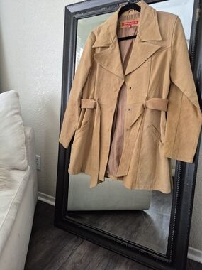 Vintage Leather Tan Belted Trench Coat